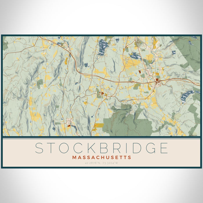Stockbridge Massachusetts Map Print Landscape Orientation in Woodblock Style With Shaded Background