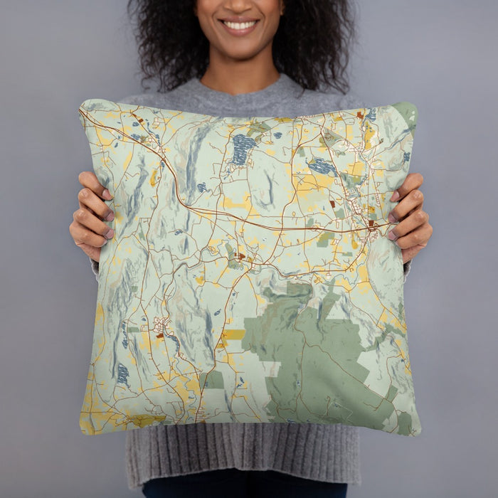 Person holding 18x18 Custom Stockbridge Massachusetts Map Throw Pillow in Woodblock