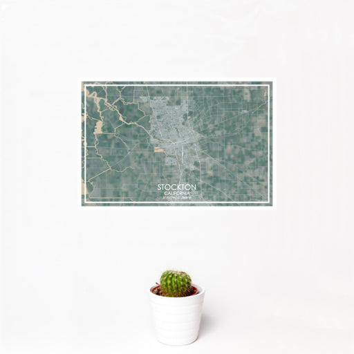 12x18 Stockton California Map Print Landscape Orientation in Afternoon Style With Small Cactus Plant in White Planter