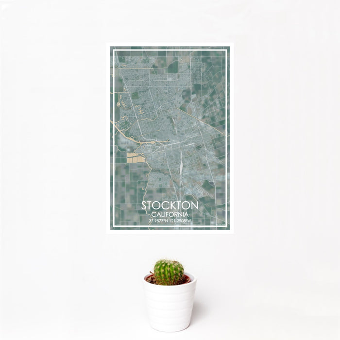12x18 Stockton California Map Print Portrait Orientation in Afternoon Style With Small Cactus Plant in White Planter