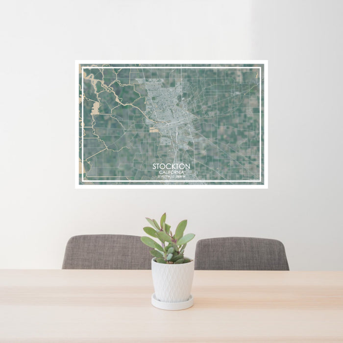 24x36 Stockton California Map Print Lanscape Orientation in Afternoon Style Behind 2 Chairs Table and Potted Plant