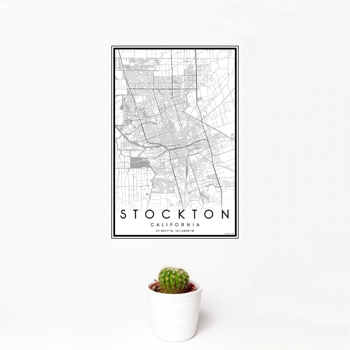 12x18 Stockton California Map Print Portrait Orientation in Classic Style With Small Cactus Plant in White Planter