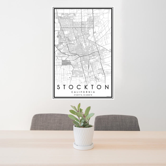 24x36 Stockton California Map Print Portrait Orientation in Classic Style Behind 2 Chairs Table and Potted Plant