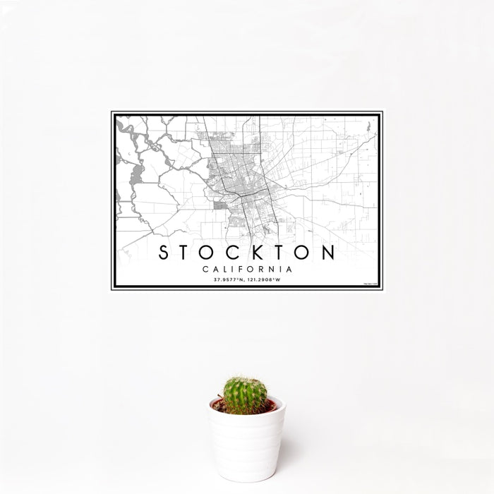12x18 Stockton California Map Print Landscape Orientation in Classic Style With Small Cactus Plant in White Planter