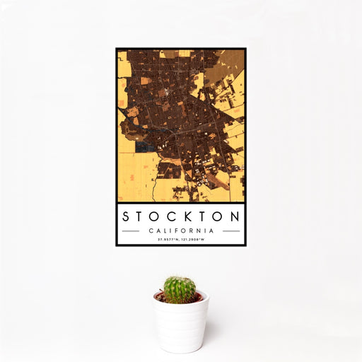 12x18 Stockton California Map Print Portrait Orientation in Ember Style With Small Cactus Plant in White Planter