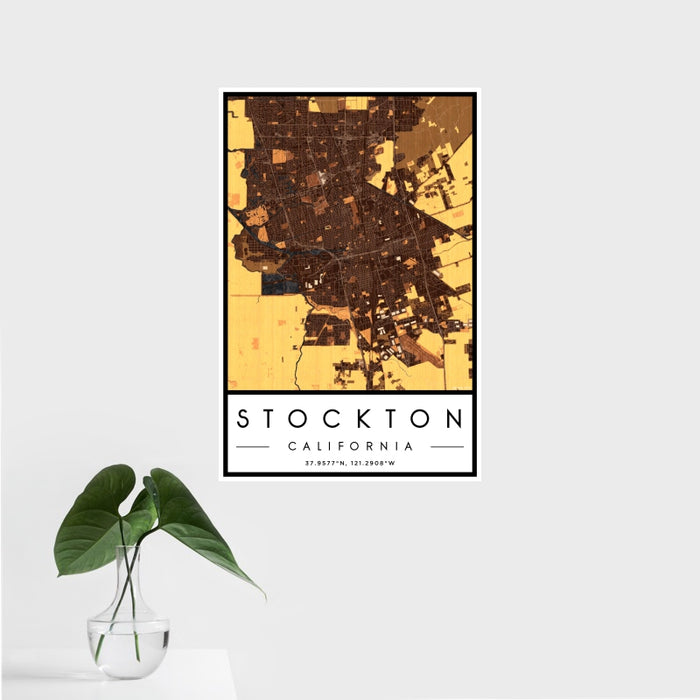 16x24 Stockton California Map Print Portrait Orientation in Ember Style With Tropical Plant Leaves in Water
