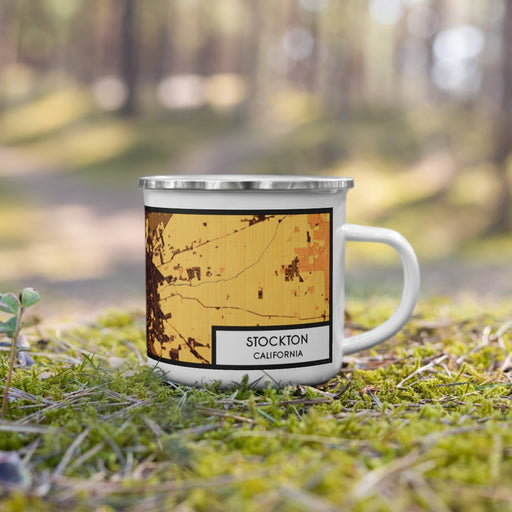 Right View Custom Stockton California Map Enamel Mug in Ember on Grass With Trees in Background