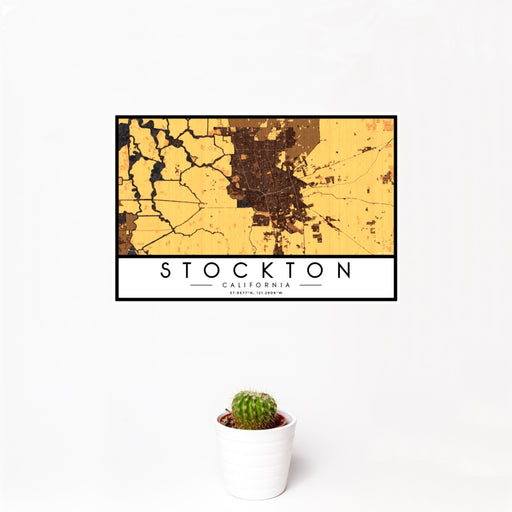 12x18 Stockton California Map Print Landscape Orientation in Ember Style With Small Cactus Plant in White Planter
