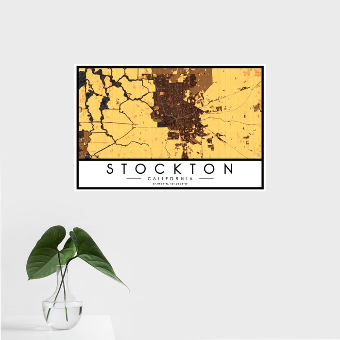 16x24 Stockton California Map Print Landscape Orientation in Ember Style With Tropical Plant Leaves in Water