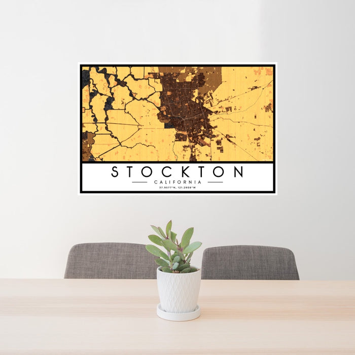 24x36 Stockton California Map Print Landscape Orientation in Ember Style Behind 2 Chairs Table and Potted Plant