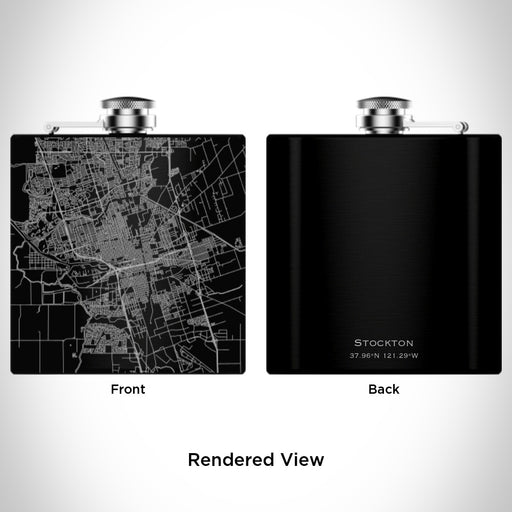 Rendered View of Stockton California Map Engraving on 6oz Stainless Steel Flask in Black