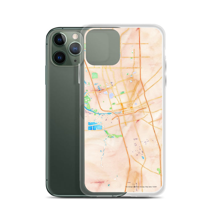 Custom Stockton California Map Phone Case in Watercolor on Table with Laptop and Plant