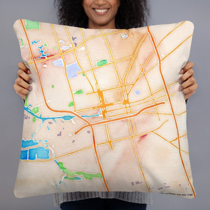 Person holding 22x22 Custom Stockton California Map Throw Pillow in Watercolor