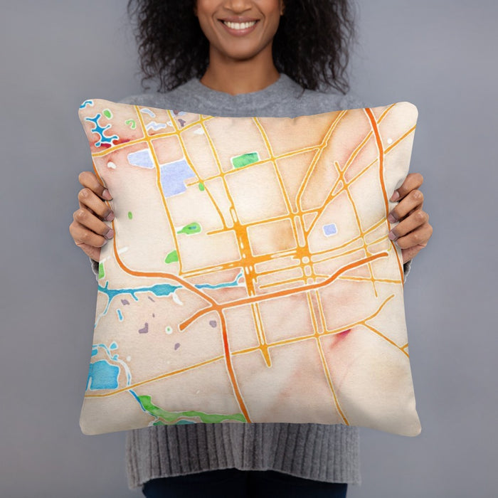 Person holding 18x18 Custom Stockton California Map Throw Pillow in Watercolor