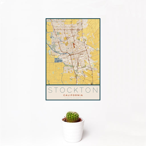 12x18 Stockton California Map Print Portrait Orientation in Woodblock Style With Small Cactus Plant in White Planter