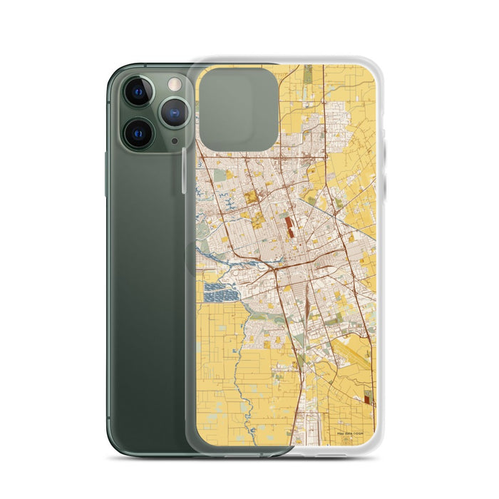 Custom Stockton California Map Phone Case in Woodblock on Table with Laptop and Plant