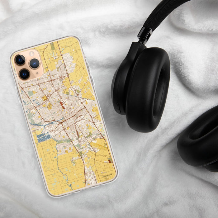 Custom Stockton California Map Phone Case in Woodblock on Table with Black Headphones