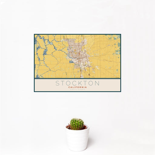 12x18 Stockton California Map Print Landscape Orientation in Woodblock Style With Small Cactus Plant in White Planter