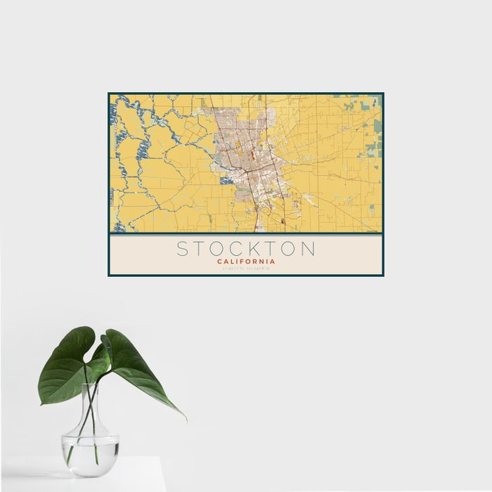 16x24 Stockton California Map Print Landscape Orientation in Woodblock Style With Tropical Plant Leaves in Water