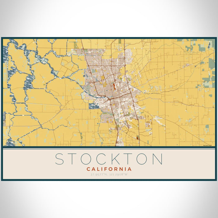 Stockton California Map Print Landscape Orientation in Woodblock Style With Shaded Background