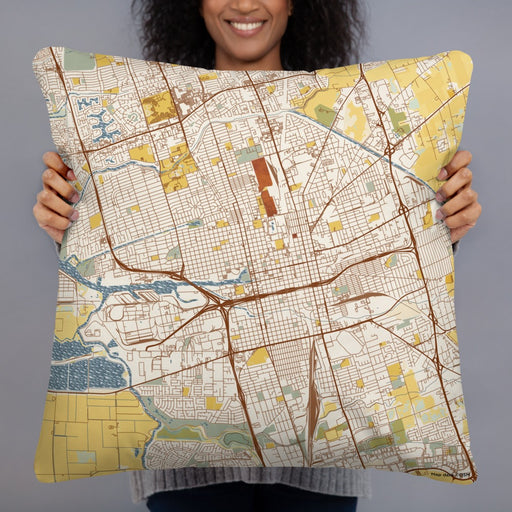Person holding 22x22 Custom Stockton California Map Throw Pillow in Woodblock
