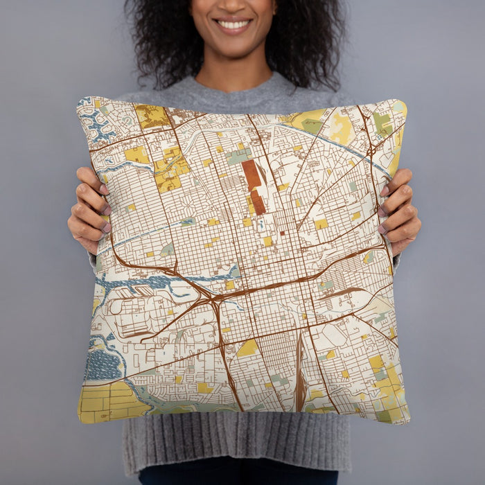 Person holding 18x18 Custom Stockton California Map Throw Pillow in Woodblock