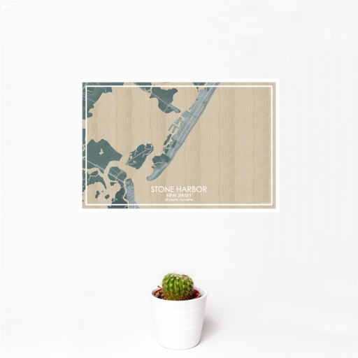 12x18 Stone Harbor New Jersey Map Print Landscape Orientation in Afternoon Style With Small Cactus Plant in White Planter