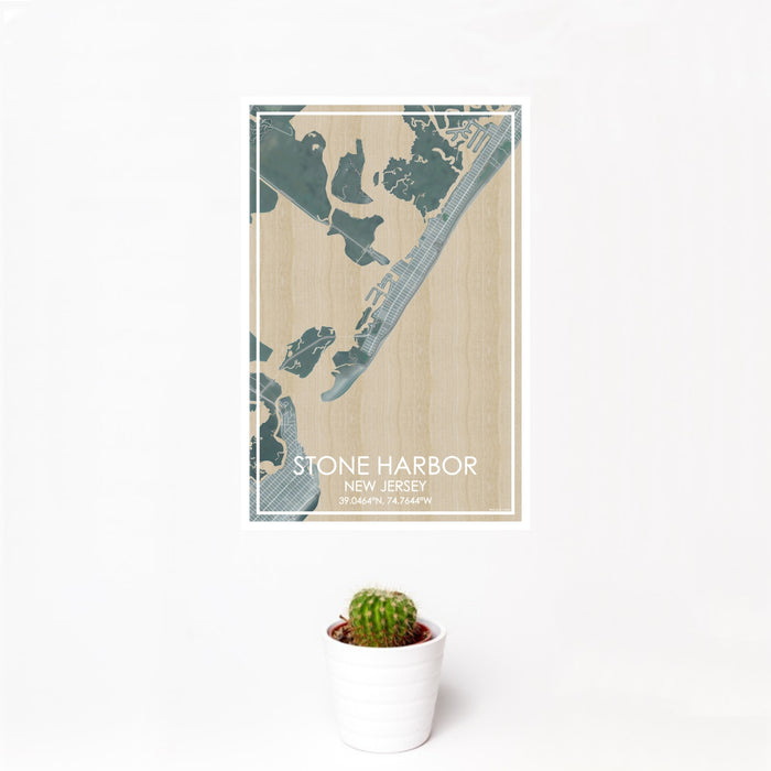 12x18 Stone Harbor New Jersey Map Print Portrait Orientation in Afternoon Style With Small Cactus Plant in White Planter