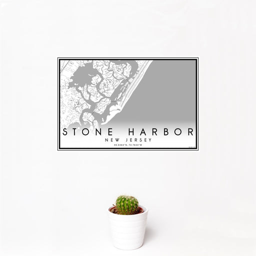 12x18 Stone Harbor New Jersey Map Print Landscape Orientation in Classic Style With Small Cactus Plant in White Planter