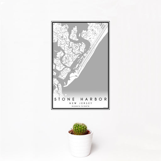 12x18 Stone Harbor New Jersey Map Print Portrait Orientation in Classic Style With Small Cactus Plant in White Planter