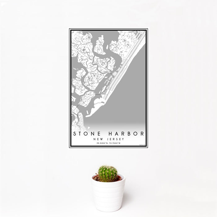 12x18 Stone Harbor New Jersey Map Print Portrait Orientation in Classic Style With Small Cactus Plant in White Planter