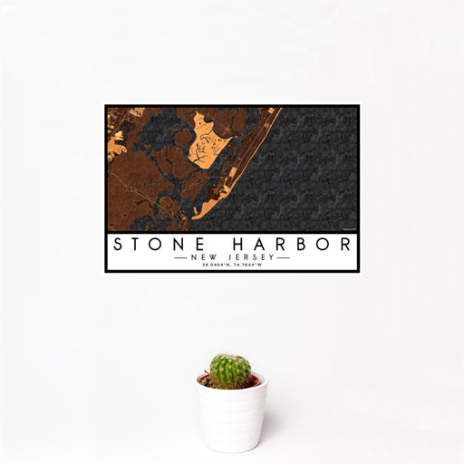 12x18 Stone Harbor New Jersey Map Print Landscape Orientation in Ember Style With Small Cactus Plant in White Planter