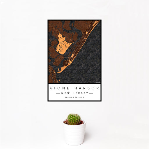12x18 Stone Harbor New Jersey Map Print Portrait Orientation in Ember Style With Small Cactus Plant in White Planter
