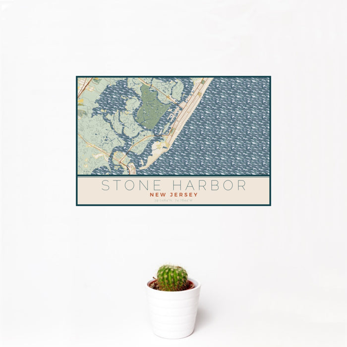 12x18 Stone Harbor New Jersey Map Print Landscape Orientation in Woodblock Style With Small Cactus Plant in White Planter