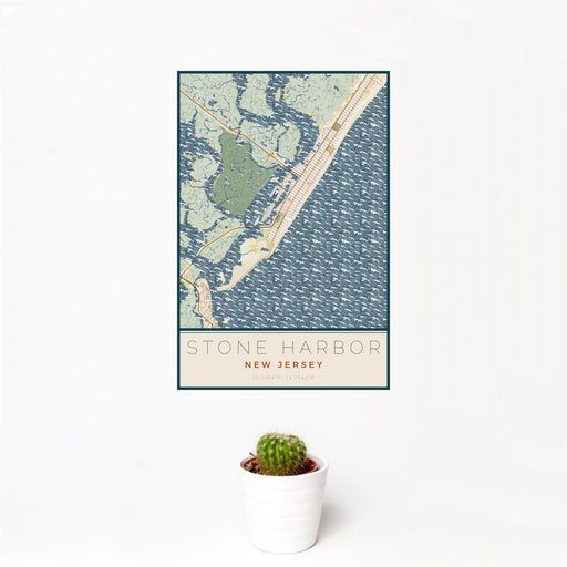 12x18 Stone Harbor New Jersey Map Print Portrait Orientation in Woodblock Style With Small Cactus Plant in White Planter