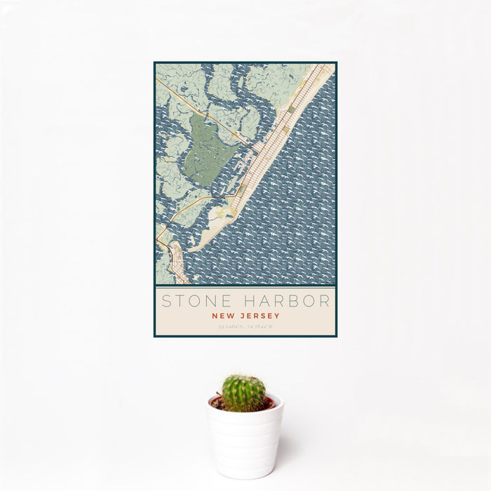 12x18 Stone Harbor New Jersey Map Print Portrait Orientation in Woodblock Style With Small Cactus Plant in White Planter
