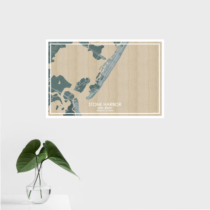 16x24 Stone Harbor New Jersey Map Print Landscape Orientation in Afternoon Style With Tropical Plant Leaves in Water