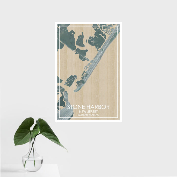 16x24 Stone Harbor New Jersey Map Print Portrait Orientation in Afternoon Style With Tropical Plant Leaves in Water