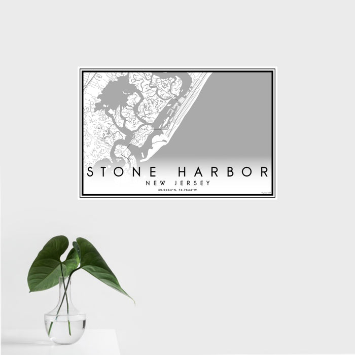 16x24 Stone Harbor New Jersey Map Print Landscape Orientation in Classic Style With Tropical Plant Leaves in Water