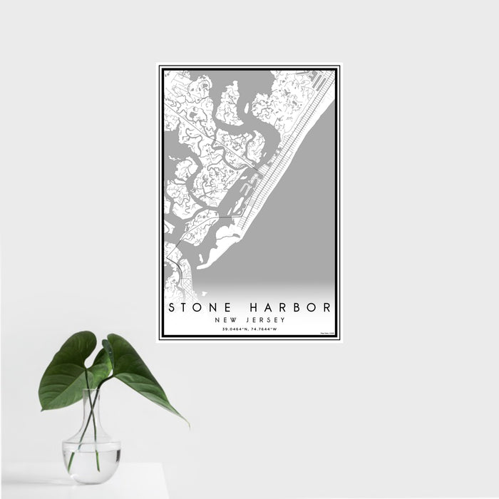 16x24 Stone Harbor New Jersey Map Print Portrait Orientation in Classic Style With Tropical Plant Leaves in Water