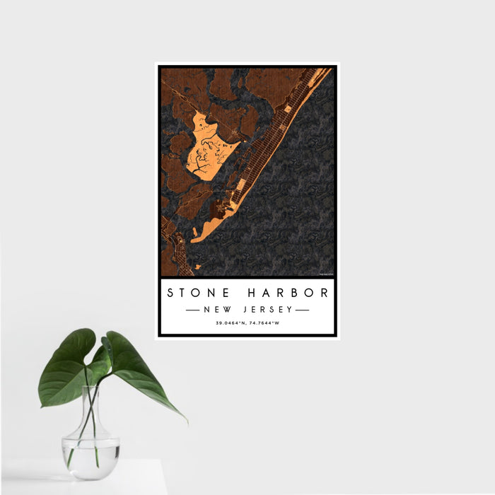 16x24 Stone Harbor New Jersey Map Print Portrait Orientation in Ember Style With Tropical Plant Leaves in Water