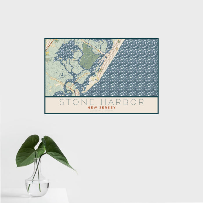 16x24 Stone Harbor New Jersey Map Print Landscape Orientation in Woodblock Style With Tropical Plant Leaves in Water