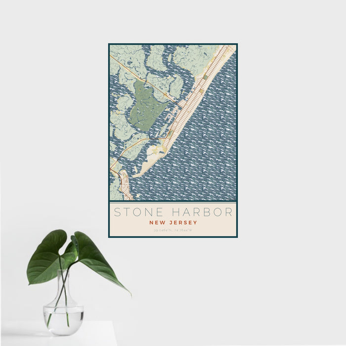 16x24 Stone Harbor New Jersey Map Print Portrait Orientation in Woodblock Style With Tropical Plant Leaves in Water