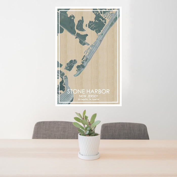 24x36 Stone Harbor New Jersey Map Print Portrait Orientation in Afternoon Style Behind 2 Chairs Table and Potted Plant