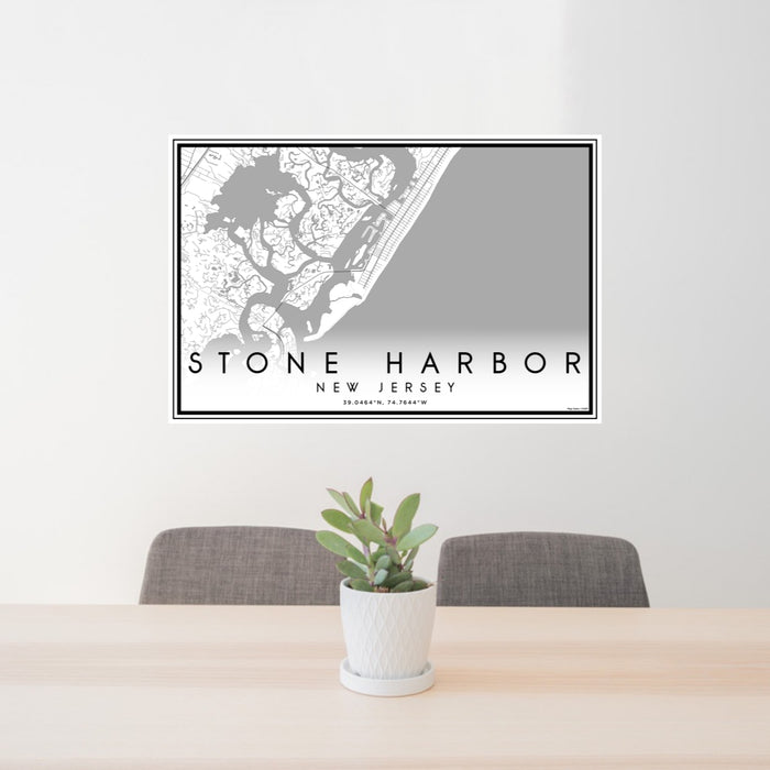 24x36 Stone Harbor New Jersey Map Print Lanscape Orientation in Classic Style Behind 2 Chairs Table and Potted Plant