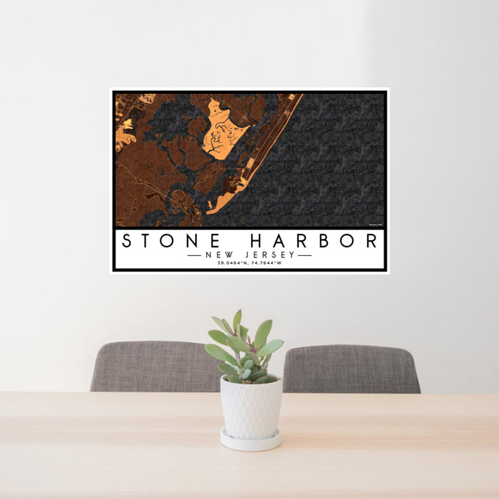 24x36 Stone Harbor New Jersey Map Print Lanscape Orientation in Ember Style Behind 2 Chairs Table and Potted Plant