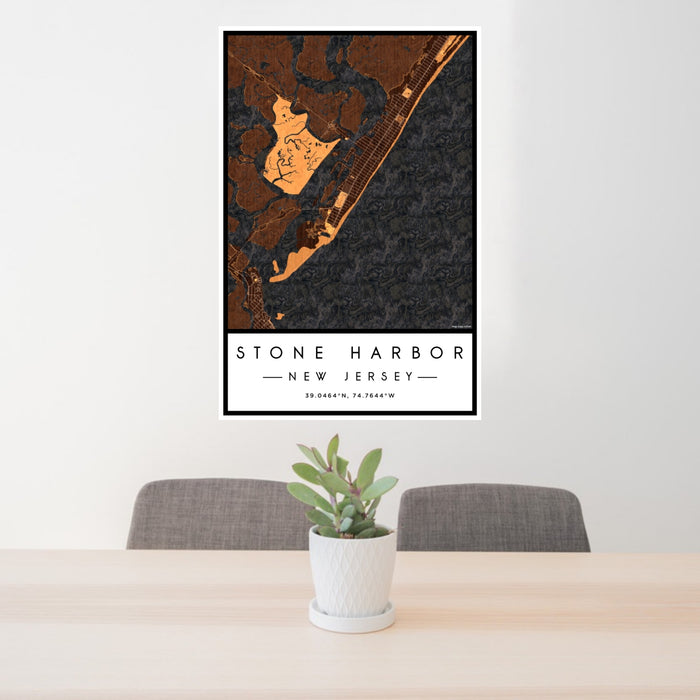 24x36 Stone Harbor New Jersey Map Print Portrait Orientation in Ember Style Behind 2 Chairs Table and Potted Plant