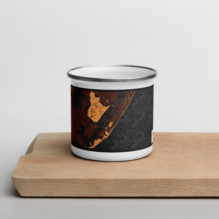 Front View Custom Stone Harbor New Jersey Map Enamel Mug in Ember on Cutting Board