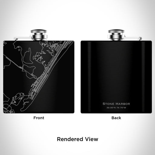 Rendered View of Stone Harbor New Jersey Map Engraving on 6oz Stainless Steel Flask in Black