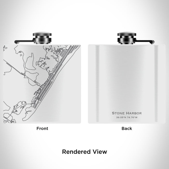 Rendered View of Stone Harbor New Jersey Map Engraving on 6oz Stainless Steel Flask in White